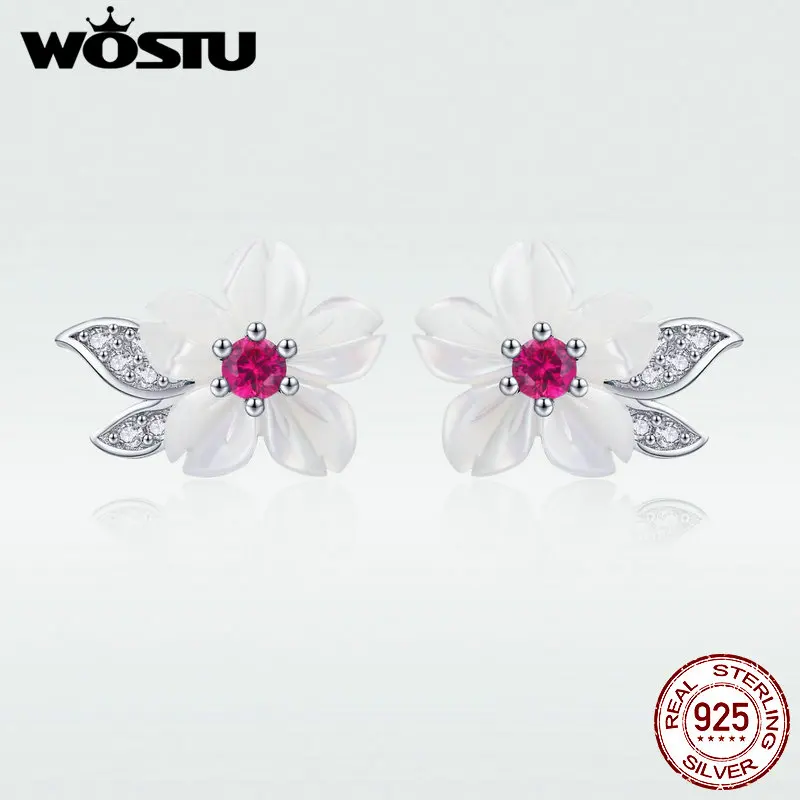 WOSTU Аутентичные 925 пробы серебряные серьги-гвоздики уникальный корпус цветок с центром серьги с красным камнем Свадебная вечеринка DAE055