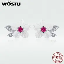 WOSTU Аутентичные 925 пробы серебряные серьги-гвоздики уникальный корпус цветок с центром серьги с красным камнем Свадебная вечеринка DAE055