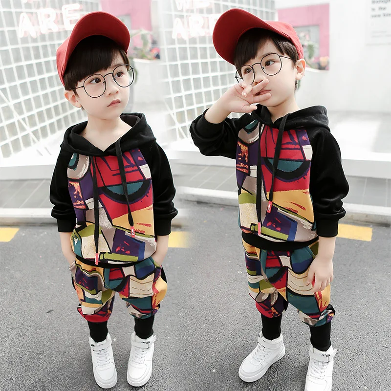 Комплект для мальчиков; Новинка года; хлопковая детская одежда с длинными рукавами и капюшоном; сезон весна-осень