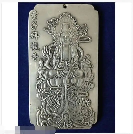 Старый китайский Тибетский серебристый мальчик поклонение kwan-yin Bullion thanka amulet thangka