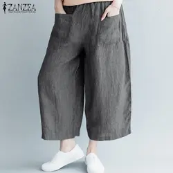 2019 ZANZEA плюс размеры для женщин Полосатый Широкие брюки повседневное эластичный пояс, карманы дамские шаровары свободные хлопок белье Pantalon