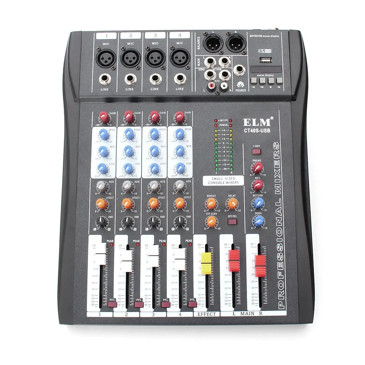 

ELM Karaoke Audio DJ Mixer Console Professional 4 Channel Mixing Console Microphone Amplifier Console 48V Phantom Power With USB