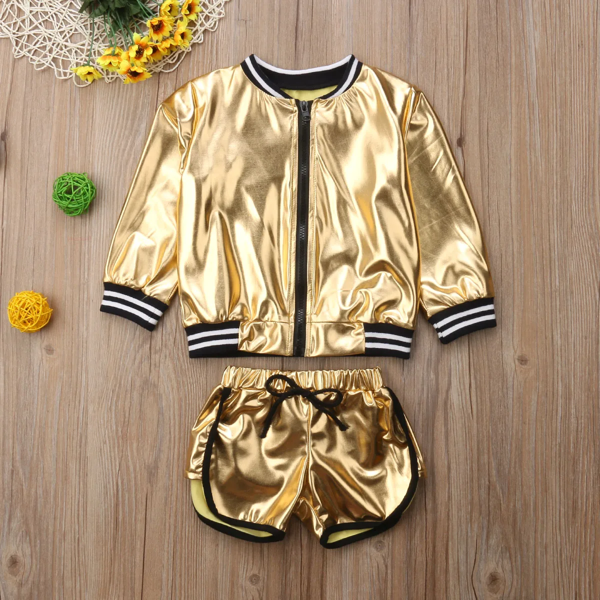 Комплект из 2 предметов, Детская куртка металлик для маленьких девочек+ короткие штаны Золотое кожаное пальто и шорты, комплект одежды