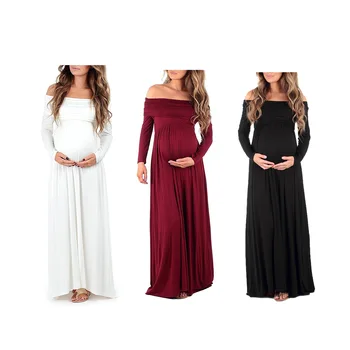 

Maternity Women Long Sleeve Adjustable Shoulderless Floor Length Photograph Dresses Asymmetrical Hem Pregnancy X-long Dresses