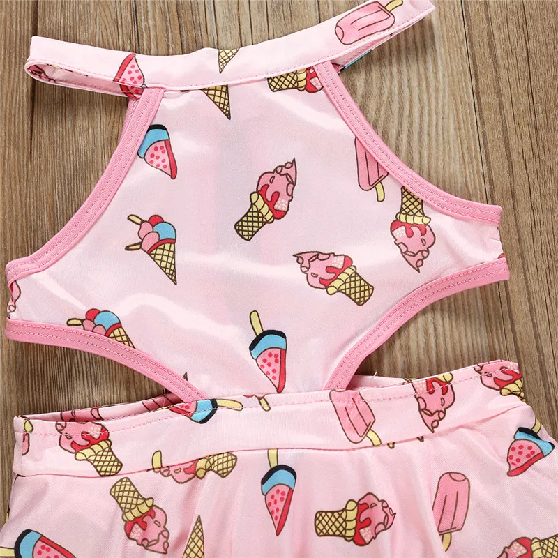 Детский пляжный купальник с открытой спиной для маленьких девочек, одежда для купания с принтом мороженого, купальный костюм без рукавов, детский розовый цельный бикини