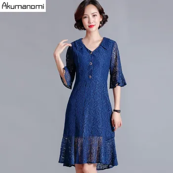 

Plus Size Dress Summer High Quality Blue Turn-down Collar Half Sleeve Ruffles Hem 5XL-L Lace Party Dress 2019 Vestido Robe Femme