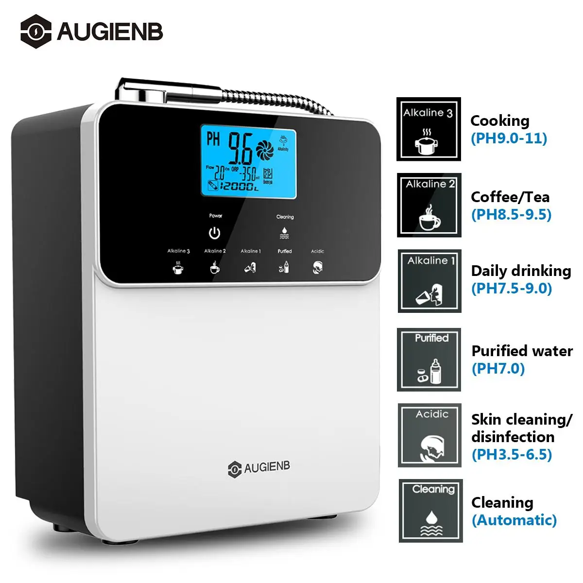 

AUGIENB Water Ionizer Purifier Machine PH 3.5-11 /Up to 800mV ORP/ Auto-Cleaning/12000 Liters Per Filter/ 5 Water Settings