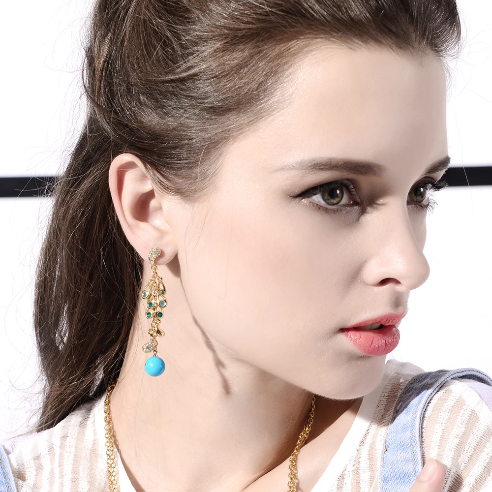 

Viennois Gold Color Dangle Earrings For Women Long Simulated Earrings Rhinestone Peacock Feather Drop Earrings 2018
