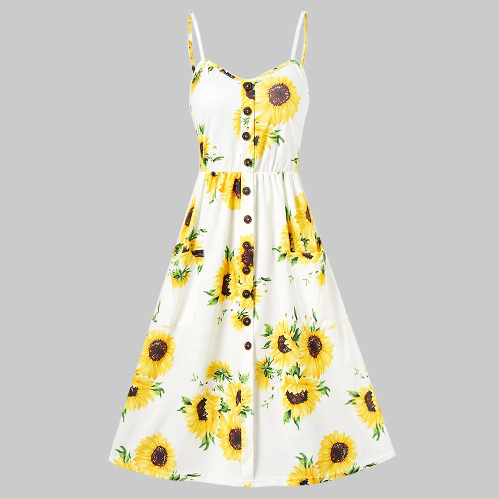 

ROSEGAL Plus Size Sunflower Print A Line Dress Beach Spaghetti Strap High Waisted Summer Dress Women Vintage Sexy Robe Vestidos