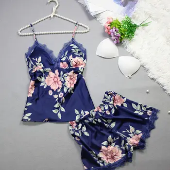 

Women Sexy Silk Satin Lace Pajama Sets Vest+Shorts 2Pcs Sleepwear Sets Floral Summer Women Babydoll Nightdress With Chest Pad