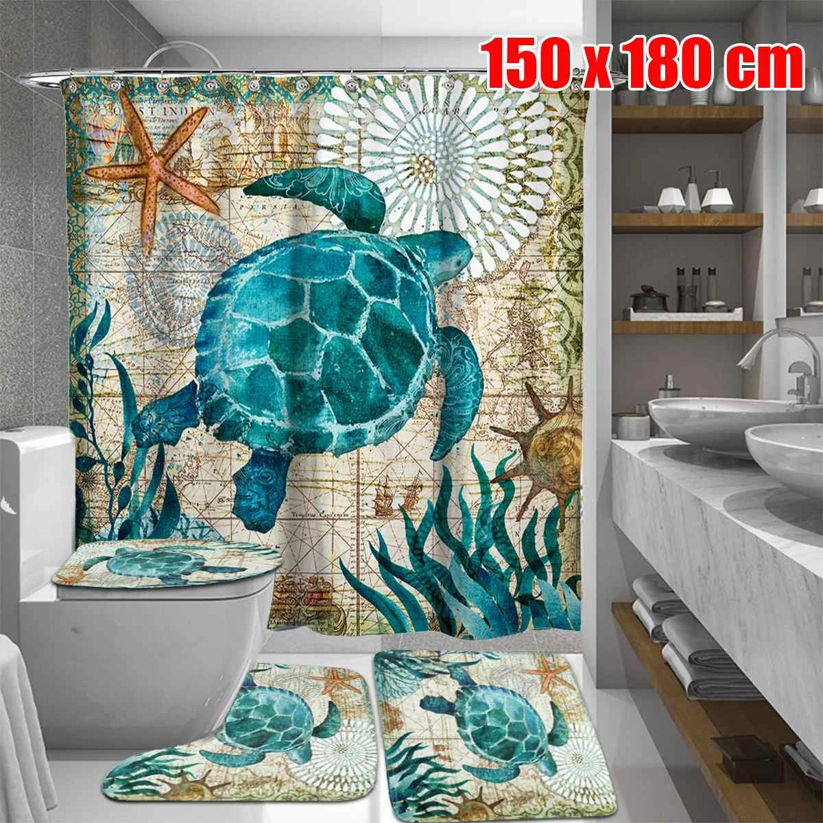 

150*180CM Sea Turtle Print Waterproof Shower Curtain And 3Pc Non Slip Toilet Cover Rugs Mat Bath Octopus Home Bathroom Curtains