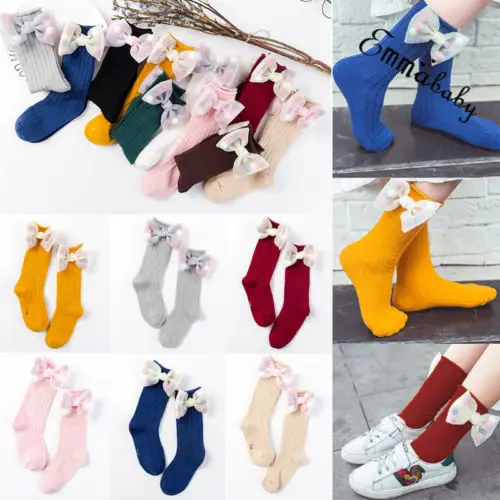 1 пара разноцветных носков принцессы для маленьких девочек, высокие носки с большим бантом, теплые хлопковые удобные Чулочные изделия, От 1