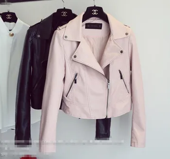 

Spring 2019 Leather PU Jacket female Fashion Bright Color Pink Motorcycle Coat Short Leather Zipper Biker Outerwear Jacket women
