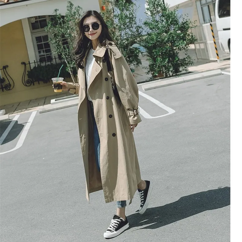 Décontracté À Automne Nouveau vent Turn down Collar Manches 2018 Kaki Vêtements Coupe Léger Coupe Longues Ceintures Lâche Mode Longue Trench coat 29IDHYWE