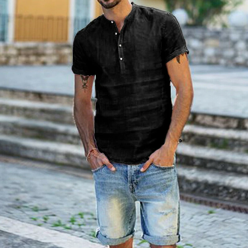 Button Pullover Shirt Men Linen Shirt 