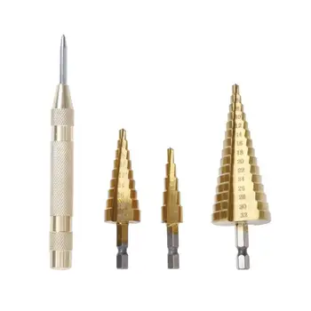 

3pcs HSS Step Cone Titanium Drill Bits Hole Cutter + Automatic Center Punch Cone Drill Hole Cutter Bit Set for Woodworking Tools