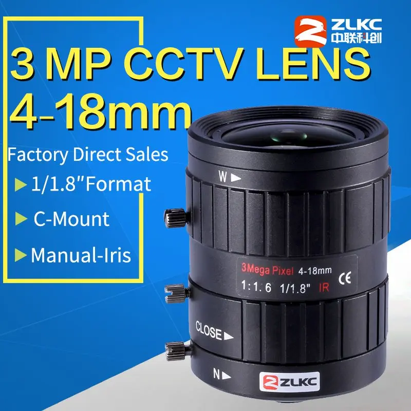 3.0 Megapixel Manual Iris Lens 4 18mm, 1/1.8" Varifocal HD 3MP FA C Mount,lens for CCTV