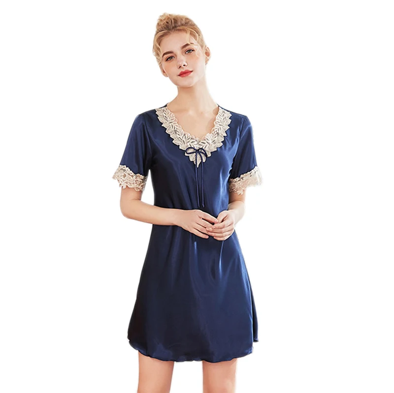 

Women Satin Sleepwear Faux Silk Nightwear Short Sleeve Lace V-Neck Short Kimono Nightgown Ladies Elegant Slip Dress Su