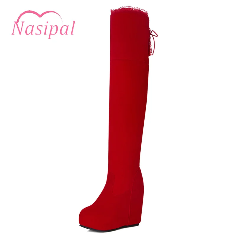 

Nasipal Wedding Boots Woman Hided Wedge Platform Female Casual Shoes 2018 Autumn Wedge Lacing Thigh High Boots Platform Shoes