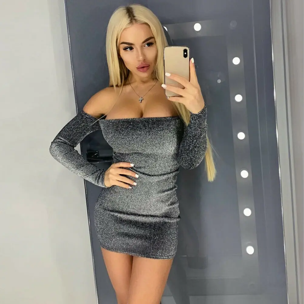 Women Summer Off Shoulder Yellow Silver Mini Sequined Dress Beach Dress Solid Color Long Sleeve Women's Clothing Dresses