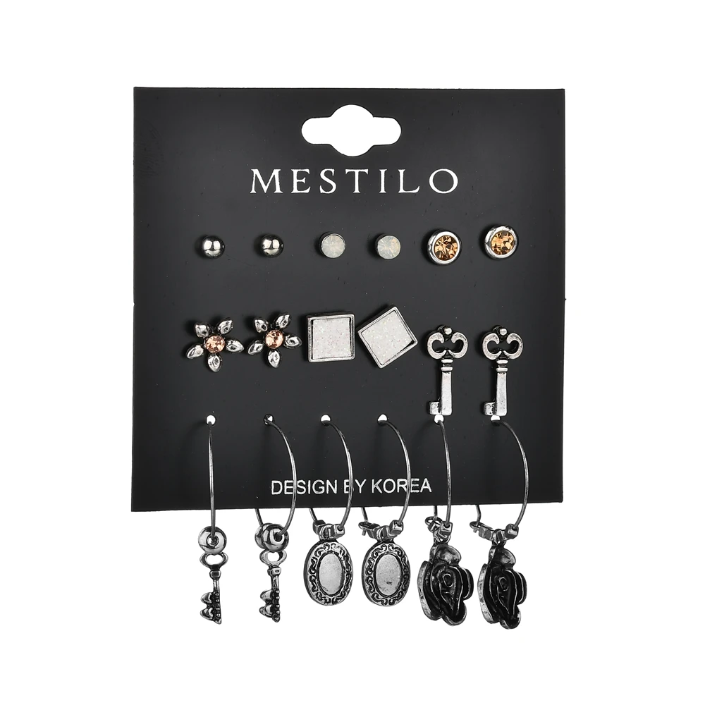 Mestilo 9 пар/компл. Винтаж Розы Цветочный обруч Комплект сережек для женщин на окружающую среду античный серебрянный ключ, высокое качество, для влюбленных, подарок