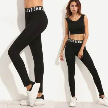 

Women Casual Pants Leggings Ladies Letters Print Stretch Trousers Black Full Length Pants Size S M L XL