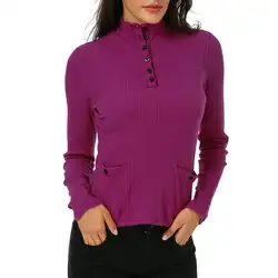 Плюс Размеры Повседневный облегающий пуловер вязаный свитер Для женщин Твердые Кнопка с длинным рукавом свитера женские Свитер с