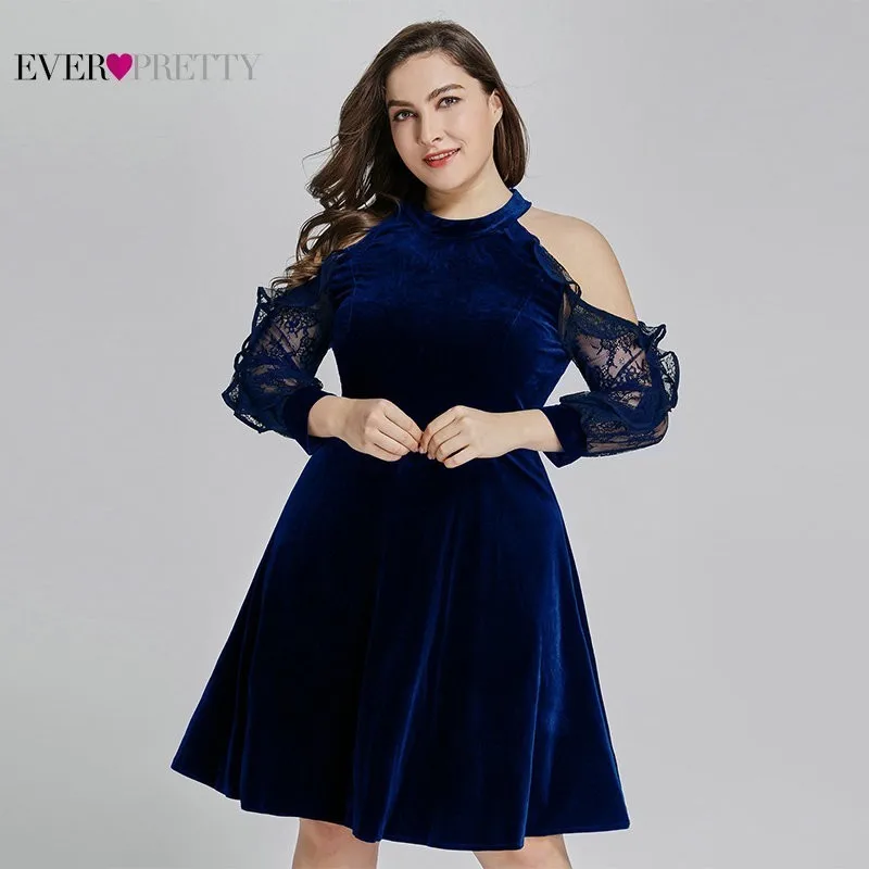 Коктейльный большого размера платья 2019 Ever Pretty Off-Shoulder A-Line темно-синий Дешевые Короткое платье для вечеринок Кружева Холтер халат