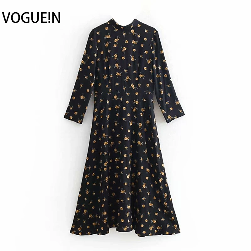 Женское платье миди VOGUEIN повседневное желтое с рукавом 3/4 и цветочным