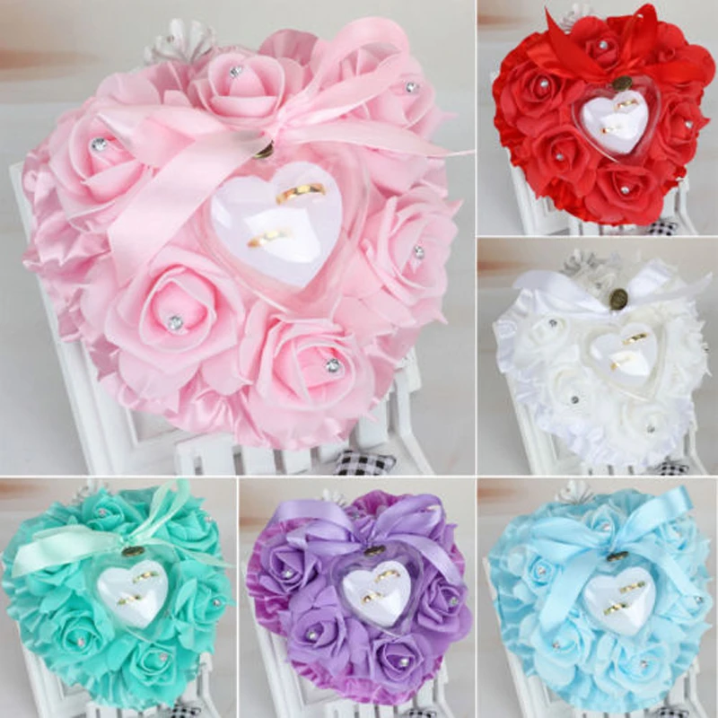 EG_ Romantic Wedding Ring Box Pillow Double Heart Ribbon Cushion Holder Decor Ho EG_ Romantic Wedding Ring Box Pillow Double Heart Ribbon Cushion Holder Decor Ho