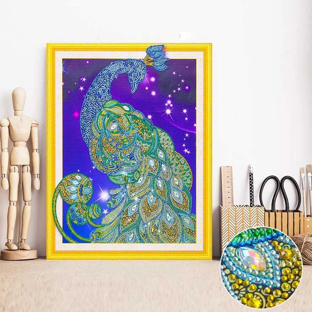 

Huacan Diamond Embroidery Peacock Partial Round Drill Special Shape Diamond Painting Animals Mosaic Rhinestones Pictures 40x50