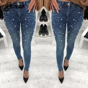 

Denim Women Skinny Jeans With Pearls Pants Slim Femme Beading Pearl Jeans Woman 2019 With beads Mid Waist Pencil Jean For Women