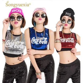 

Songyuexia Jazz Dance Costumes Lady Cheerleading Clothing Sexy Red Sequins Nightclub Bar Dj Group Hip Hop Stage top For Sing