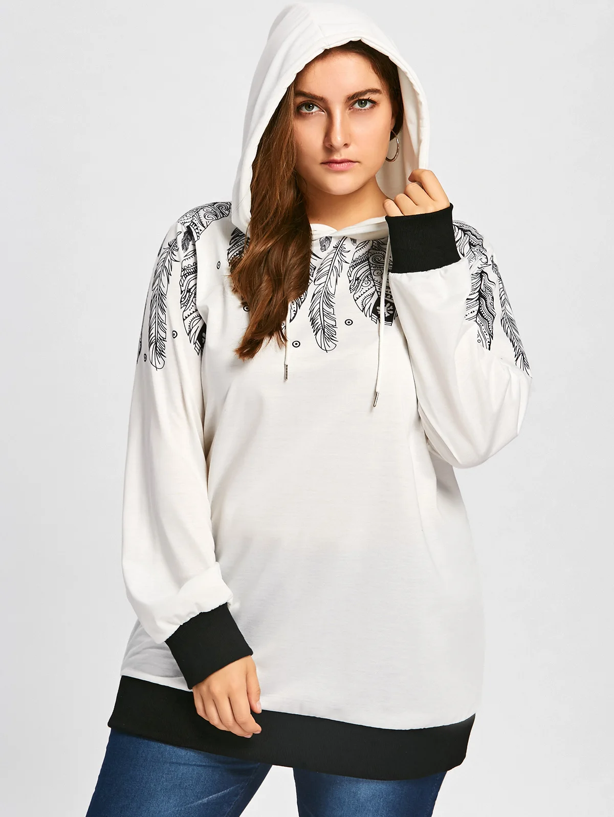 

Patchwork Plus Size Drawstring Feather Print Tunic Hoodie Halloween Hoodie Streetwear Tracksuit Autumn Sudadera Mujer