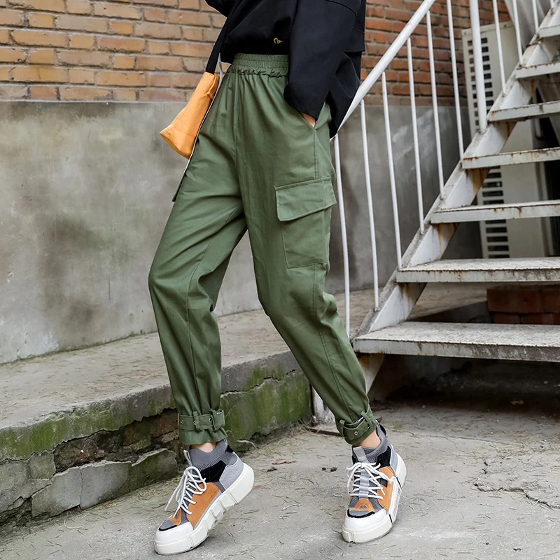 Qiukichonson Hip Hop Women Cargo Pants 2019 Europe and America Fashion High Waist Capris Trousers Army Green Harem Pants