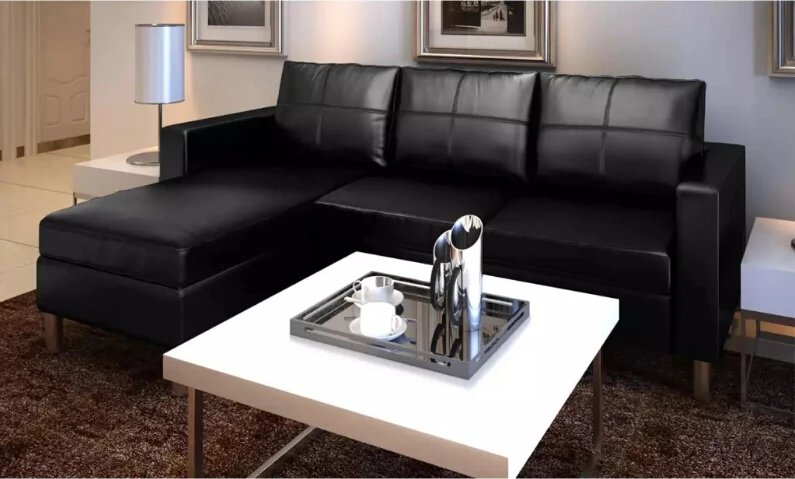Vidaxl 2 in 1 Sofa 3 Seat Sectorial Synthetic Leather Black Living Room Sofa Home Furniture Modern L-Shaped Sofa Bed Assembly