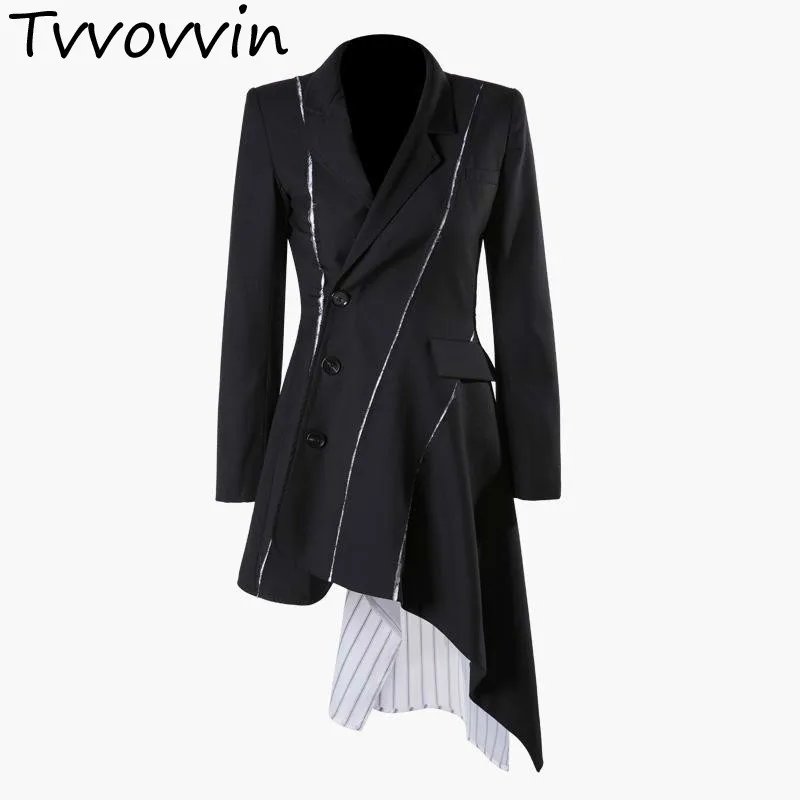 

Women Blazer Irregular Long Blazer Jacket Slant Single Breasted Blazer Women Long Jackets Stripe Lining Spliced Coat E190