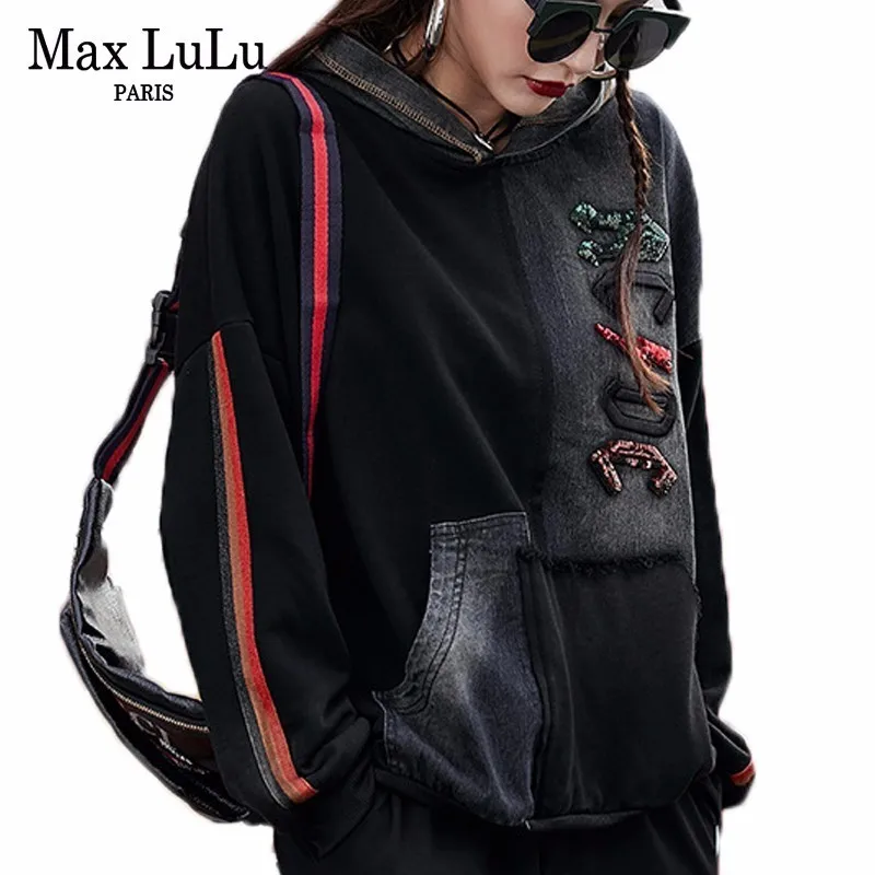 

Max LuLu 2019 Luxury Korean Designer Ladies Embroidery Streetwear Womens Denim Hoodies Vintage Moleton Female Hooded Sweatshirts