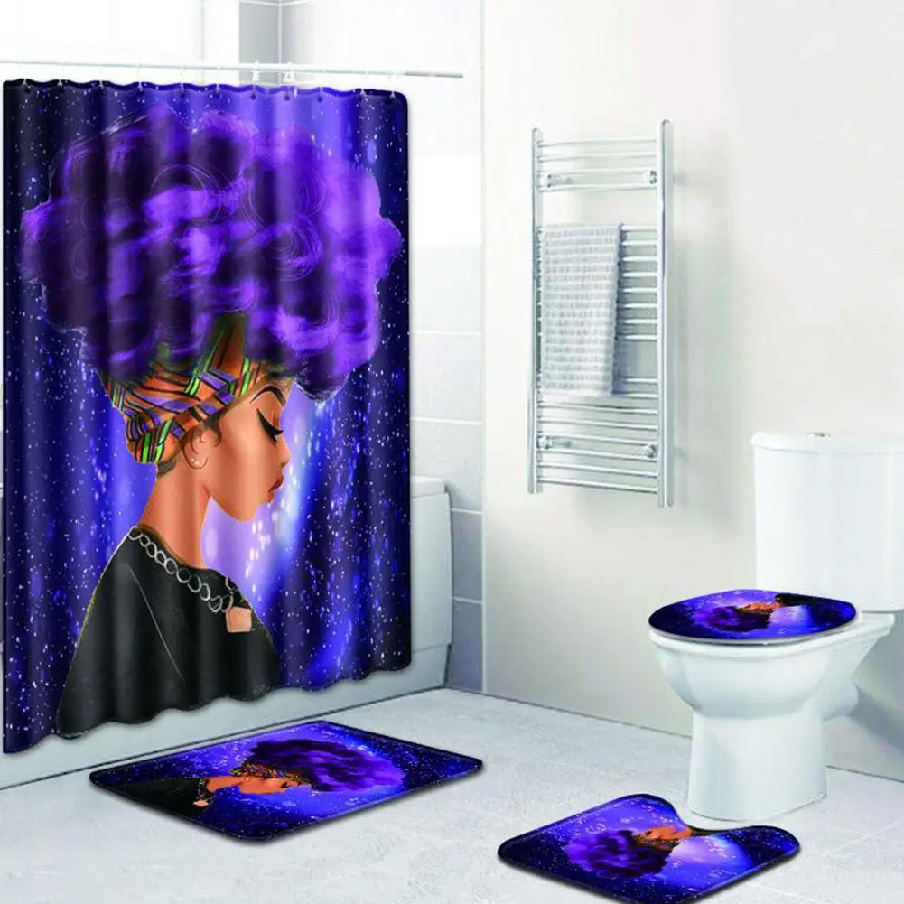 

Fashion African Woman Pattern Polyester Shower Curtain Set Non Slip Rugs Carpet for Bathroom Toilet Flannel Bath Mat Set