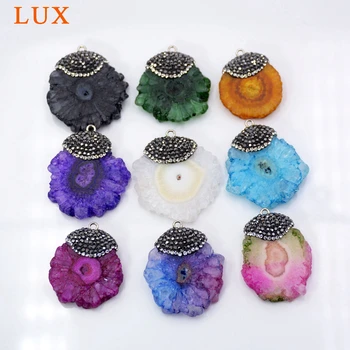 

Solar Quartz Pendant Rainbow Crystal Vintage Jewelry rhinestone paved Chakra Pendant sun flower agates Pendant