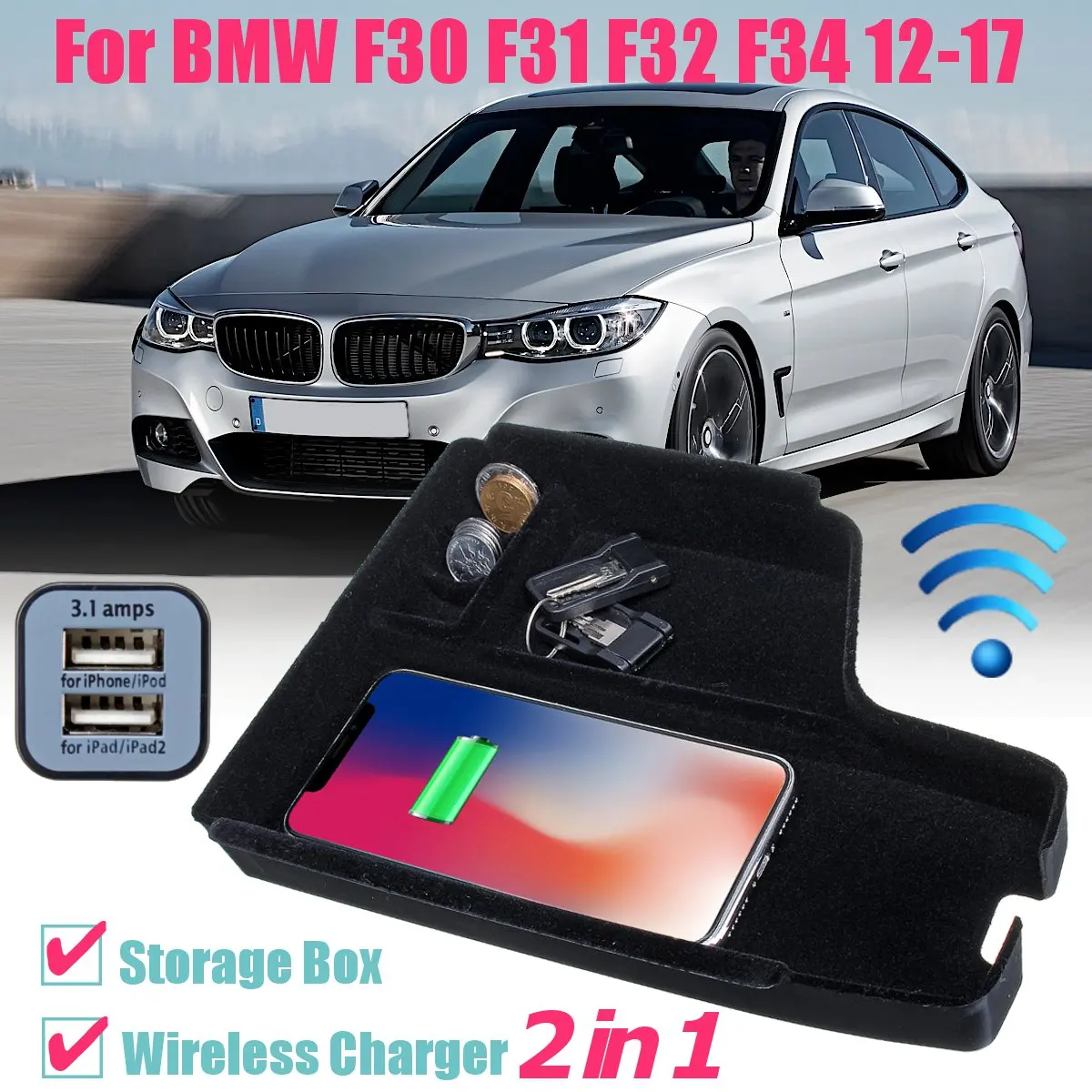 Мобильный телефон беспроводной зарядки центральный подлокотник коробка для хранения 12 В DC для BMW F30 F31 F32 F34 2012 2013 LHD