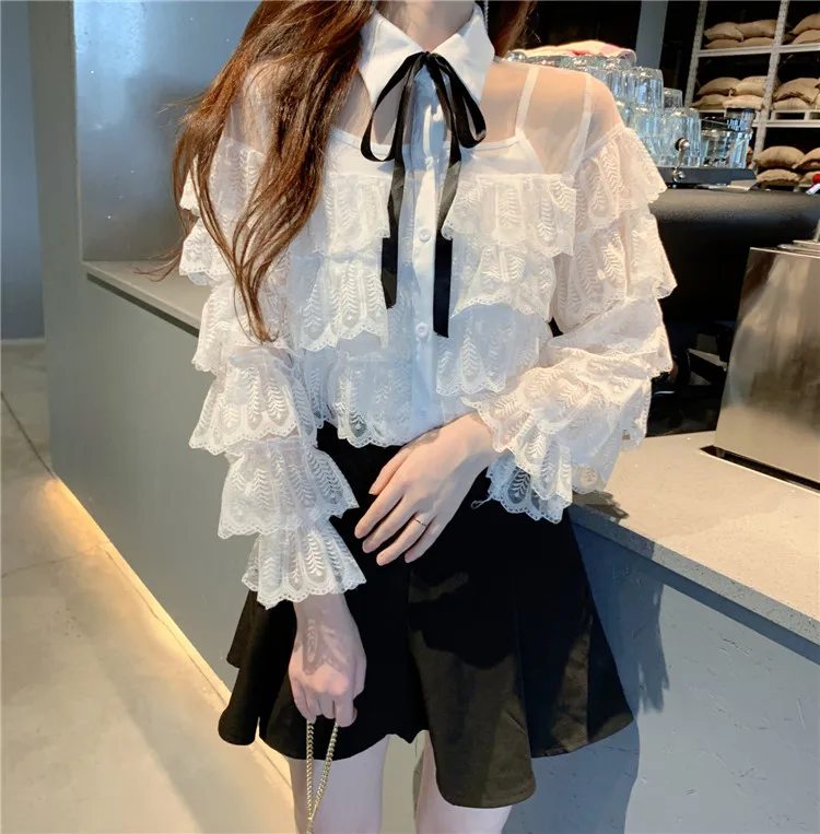  2019 Spring Girls Transparent Lace Blouses Shirts Tees Female Ruffles Sleeve Fairy Blouses Tops For