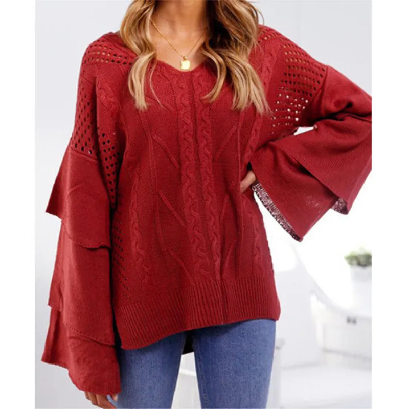 

Women Long Sleeve Sweater Flare Sleeve Loose Red Tops Ladies Winter Warm V Neck Jumper Sweater Red Ruffles Pullover Sweaters Hot