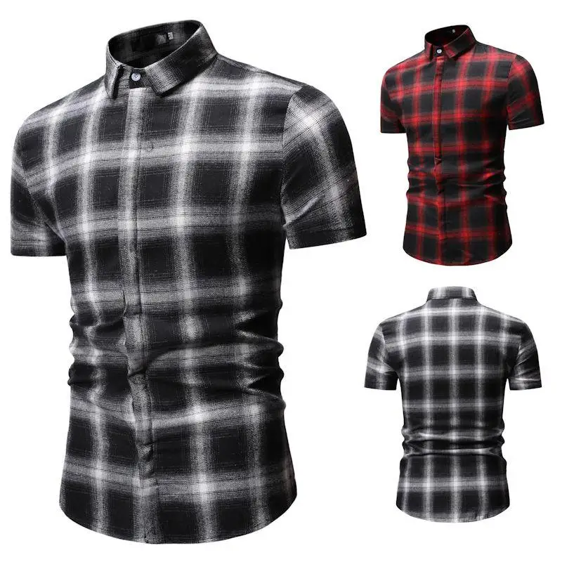 

Lattice Mens Shirts Short sleeve White Red Summer New Camisa masculina Check Design Plaid Shirt Dress Turn-down collar