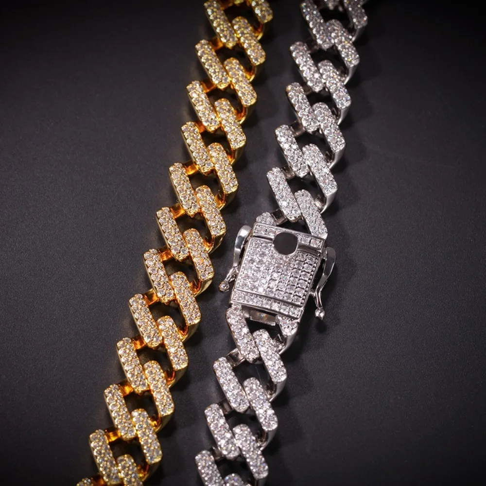 14 мм зубец кубанс Соединенные ожерелья Iced Cubic Zirconia золото/белый золотого цвета в стиле хип-хоп цепь ювелирные изделия для мужчин Прямая