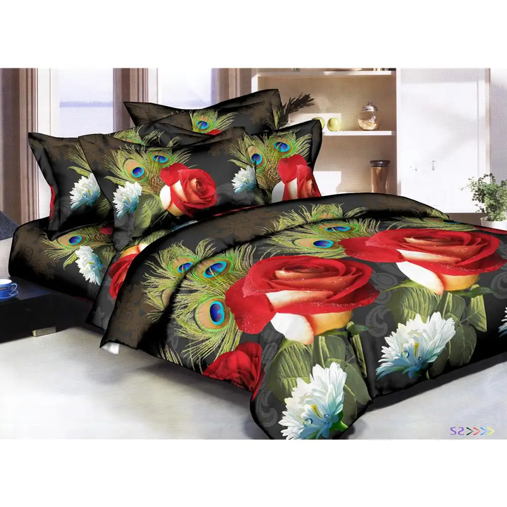  Adeeing 4Pcs/Set 3D Rose Flower Printing Pillowcase Quilt Cover Bed Sheet Bedding Set