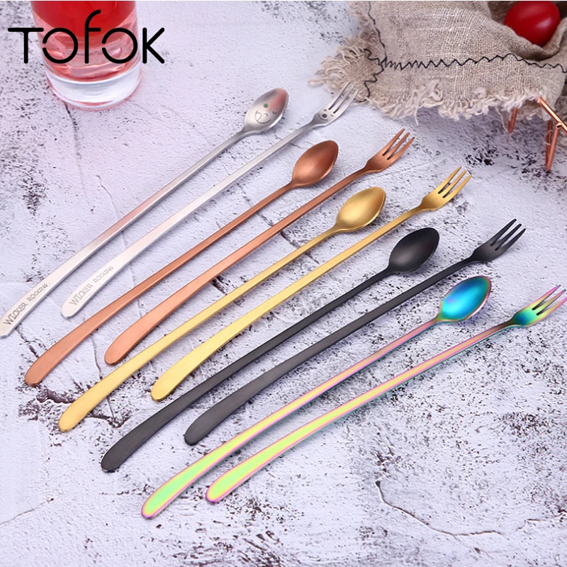 

Tofok Stainless Steel Long Handle Dessert Spoon Forks Tea Coffee Stir Scoop Milk Salad Soup Soup Fruit Ladle Kitchen Tableware