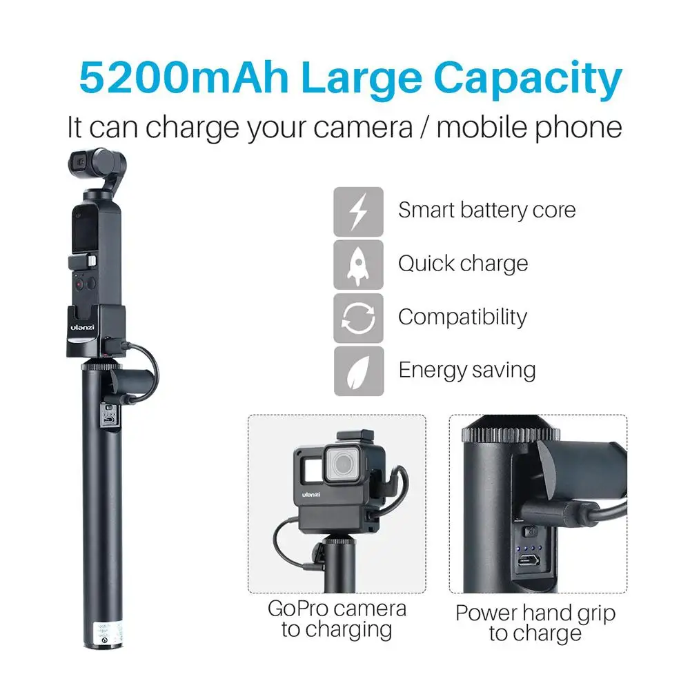 

DSstyles 5200mAh 2 in 1 Extend Pole Power Bank Stick Handle Grip for Osmo Pocket Gopro Hero 7 6 5 EKEN