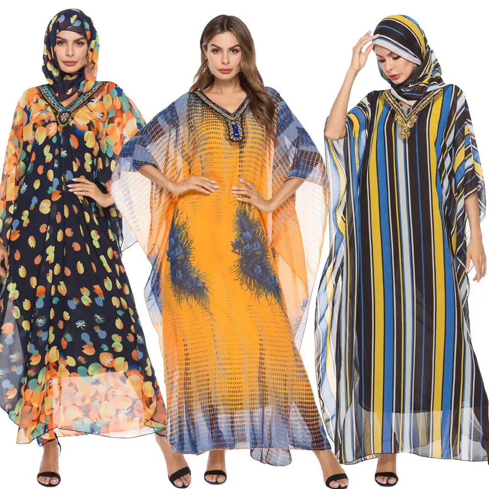 

Muslim Women Bat Sleeve Maxi Dress Printed Boho Style Chiffon Loose Islamic Oversized Gown Robe V-neck With Hijab Summer Dress