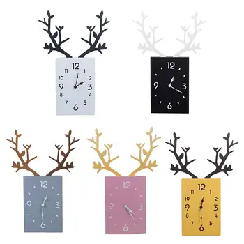 

Nordic Creative Antlers Wall Clock Modern Design Wooden Crafts Hanging Ornament Square Mute Clock Home Living Room Bedroom Decor